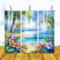 All sides of tumbler showing floral beach scene with vivid flowers and ocean waves
